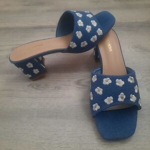 Denim Floral Embroidered Block Heels